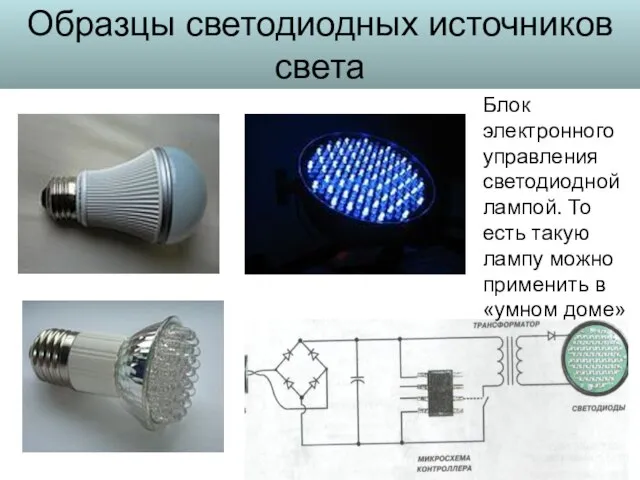 Образцы светодиодных источников света Блок электронного управления светодиодной лампой. То есть такую