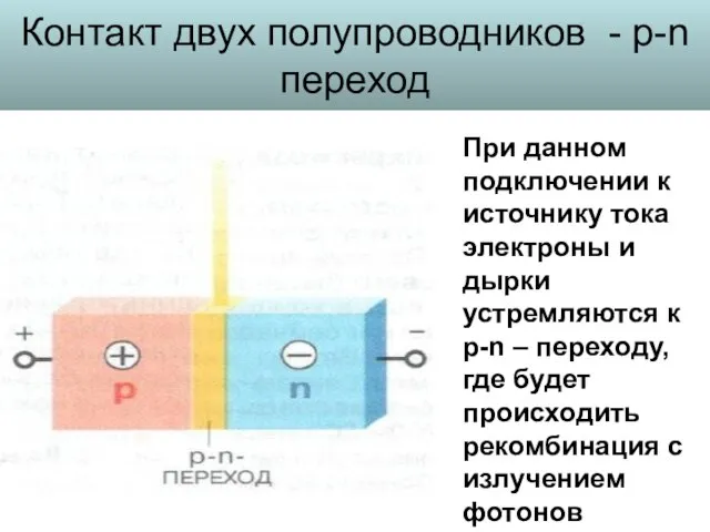 Контакт двух полупроводников - р-n переход При данном подключении к источнику тока