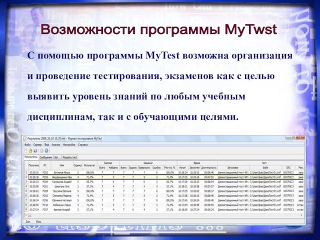 Возможности программы MyTwst С помощью программы MyTest возможна организация и проведение тестирования,