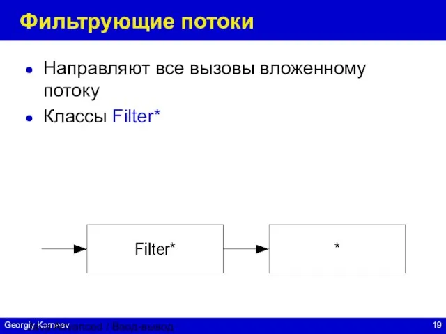 Java Advanced / Ввод-вывод Фильтрующие потоки Направляют все вызовы вложенному потоку Классы Filter*