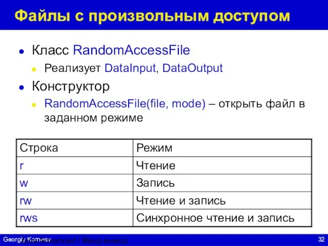 Java Advanced / Ввод-вывод Файлы c произвольным доступом Класс RandomAccessFile Реализует DataInput,