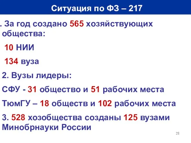 Конкурс «Программы кооперации» За год создано 565 хозяйствующих общества: 10 НИИ 134