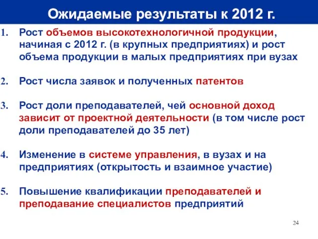 Ожидаемые результаты к 2012 г. Рост объемов высокотехнологичной продукции, начиная с 2012