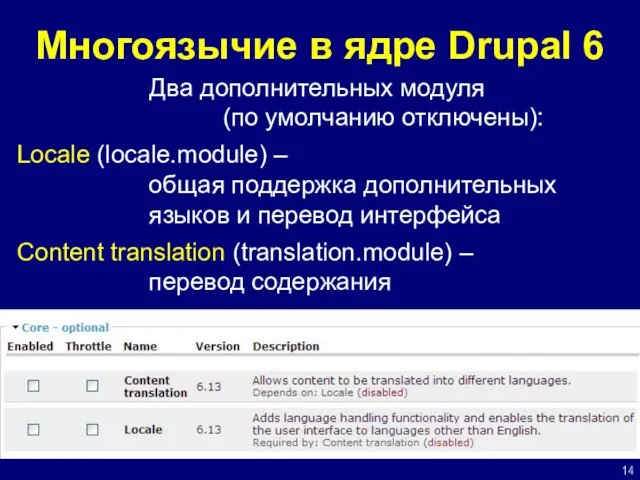 Многоязычие в ядре Drupal 6 Два дополнительных модуля (по умолчанию отключены): Locale