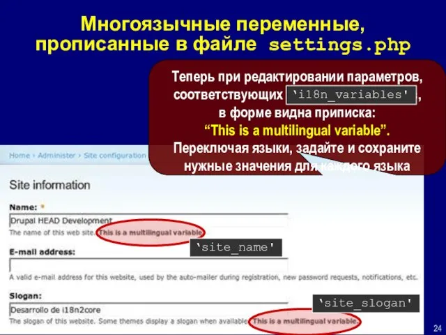 Многоязычные переменные, прописанные в файле settings.php Теперь при редактировании параметров, соответствующих i18n_variables,