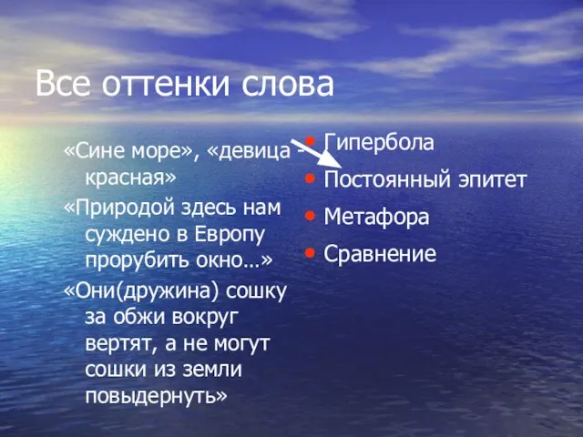 Все оттенки слова «Сине море», «девица -красная» «Природой здесь нам суждено в