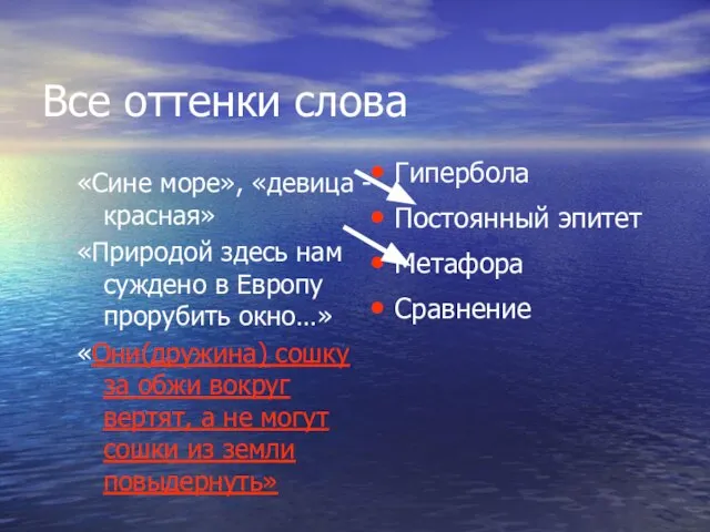 Все оттенки слова «Сине море», «девица -красная» «Природой здесь нам суждено в