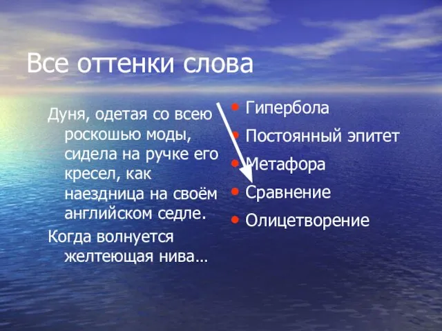 Все оттенки слова Дуня, одетая со всею роскошью моды, сидела на ручке