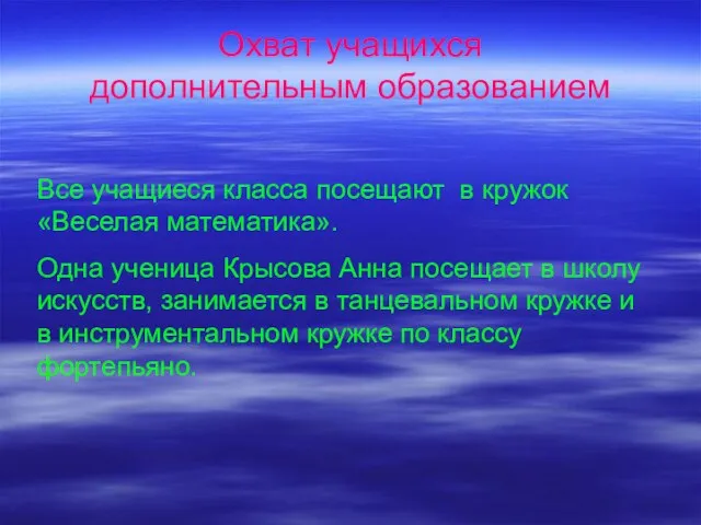 Охват учащихся дополнительным образованием Все учащиеся класса посещают в кружок «Веселая математика».