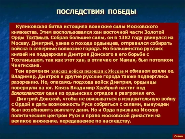 ПОСЛЕДСТВИЯ ПОБЕДЫ Схема Куликовская битва истощила воинские силы Московского княжества. Этим воспользовался