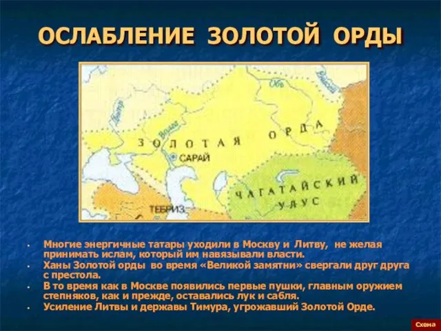 ОСЛАБЛЕНИЕ ЗОЛОТОЙ ОРДЫ Многие энергичные татары уходили в Москву и Литву, не