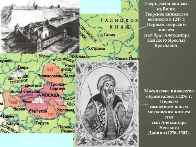 Тверь располагалась на Волге. Тверское княжество возникло в 1247 г. Первым тверским