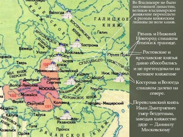 Во Владимире не было постоянной династии, великое владимирское княжение переходило к разным