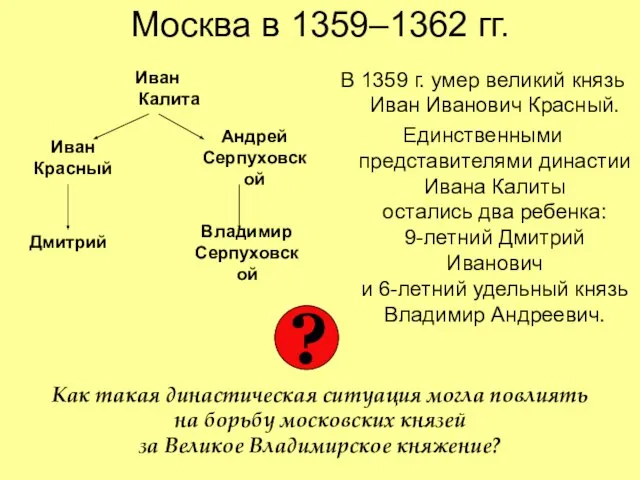Москва в 1359–1362 гг. Иван Калита В 1359 г. умер великий князь
