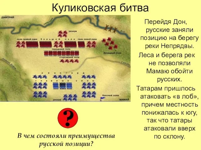 Куликовская битва Перейдя Дон, русские заняли позицию на берегу реки Непрядвы. Леса