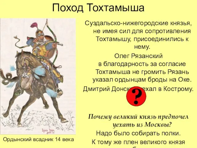 Поход Тохтамыша Суздальско-нижегородские князья, не имея сил для сопротивления Тохтамышу, присоединились к