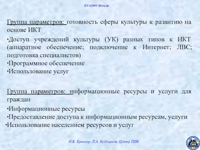 EVA2004 Москва Группа параметров: готовность сферы культуры к развитию на основе ИКТ