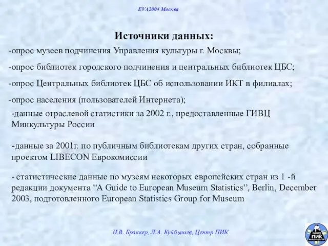 EVA2004 Москва Источники данных: опрос музеев подчинения Управления культуры г. Москвы; опрос