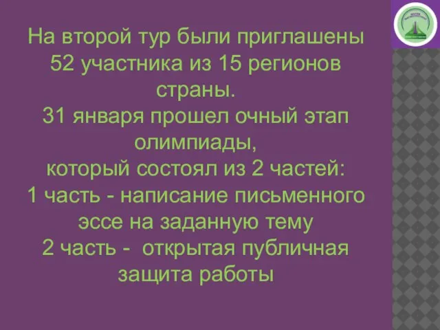 На второй тур были приглашены 52 участника из 15 регионов страны. 31