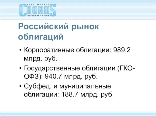 Российский рынок облигаций Корпоративные облигации: 989.2 млрд. руб. Государственные облигации (ГКО-ОФЗ): 940.7