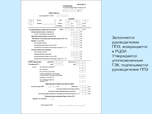 Заполняется руководителем ППЭ, возвращается в РЦОИ. Утверждается уполномоченным ГЭК, подписывается руководителем ППЭ