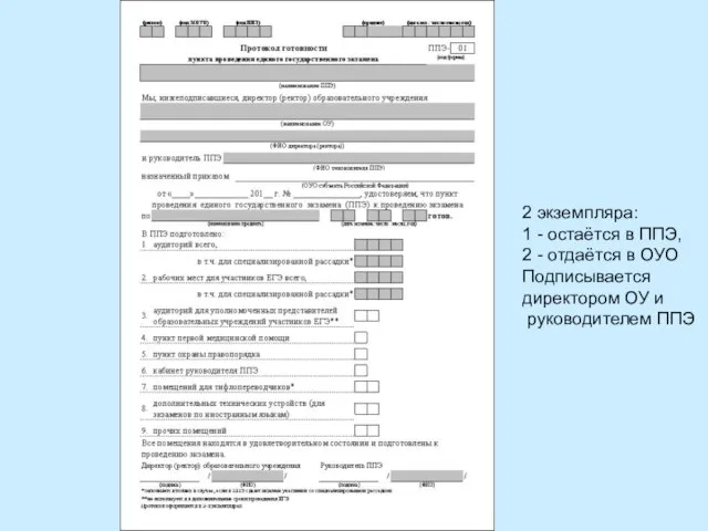 2 экземпляра: 1 - остаётся в ППЭ, 2 - отдаётся в ОУО