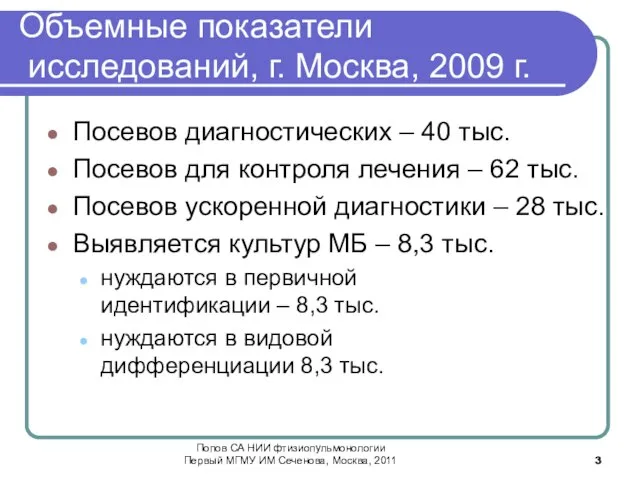 Объемные показатели исследований, г. Москва, 2009 г. Посевов диагностических – 40 тыс.