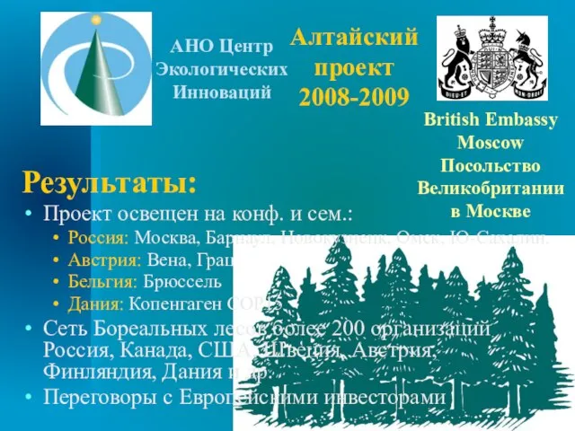 Алтайский проект 2008-2009 Результаты: Проект освещен на конф. и сем.: Россия: Москва,