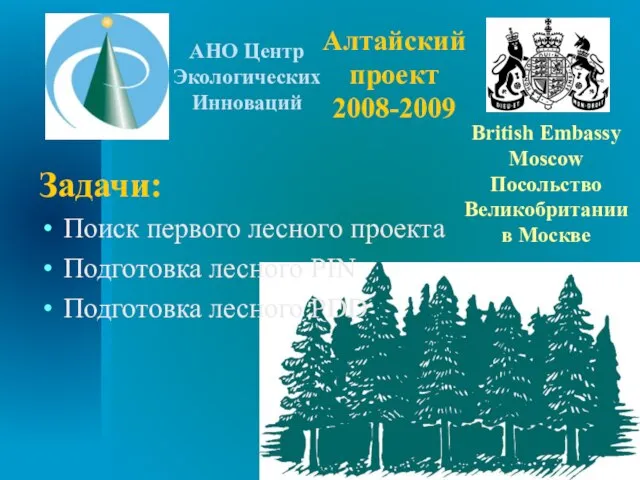 Алтайский проект 2008-2009 Задачи: Поиск первого лесного проекта Подготовка лесного PIN Подготовка