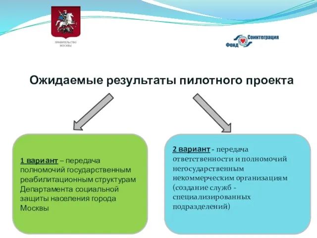 Ожидаемые результаты пилотного проекта 1 вариант – передача полномочий государственным реабилитационным структурам