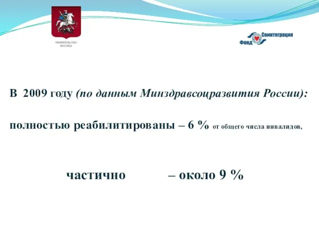 В 2009 году (по данным Минздравсоцразвития России): полностью реабилитированы – 6 %