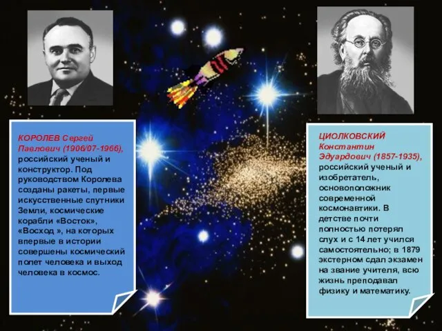 ЦИОЛКОВСКИЙ Константин Эдуардович (1857-1935), российский ученый и изобретатель, основоположник современной космонавтики. В