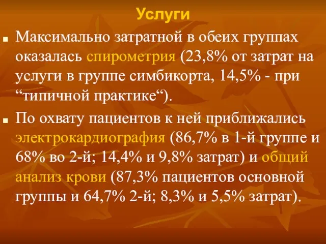 Услуги Максимально затратной в обеих группах оказалась спирометрия (23,8% от затрат на