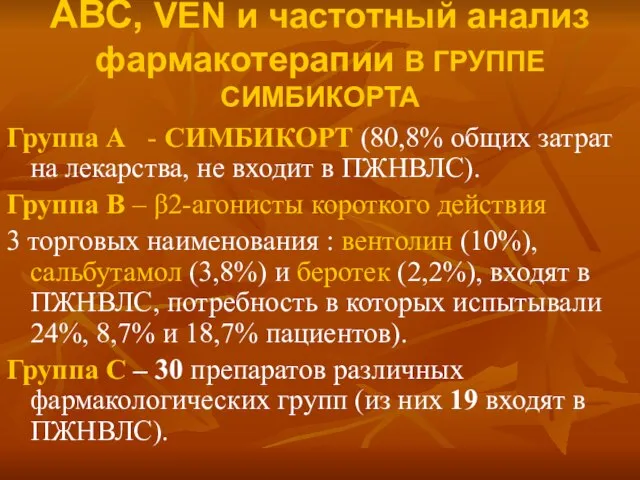 АВС, VEN и частотный анализ фармакотерапии В ГРУППЕ СИМБИКОРТА Группа А -