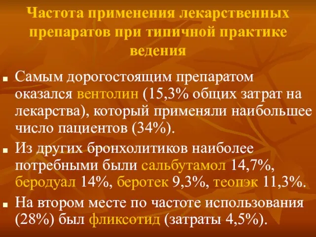 Частота применения лекарственных препаратов при типичной практике ведения Самым дорогостоящим препаратом оказался