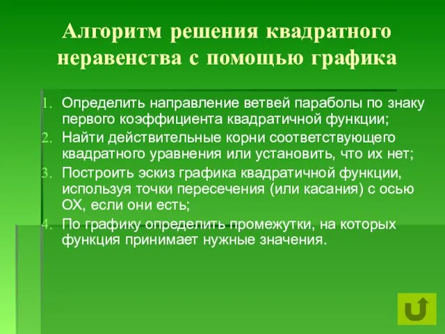 Алгоритм решения квадратного неравенства с помощью графика Определить направление ветвей параболы по