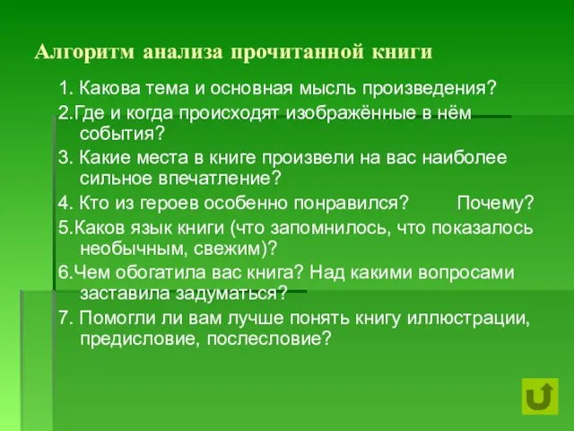 Алгоритм анализа прочитанной книги 1. Какова тема и основная мысль произведения? 2.Где