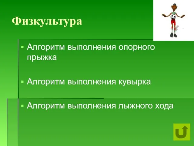 Физкультура Алгоритм выполнения опорного прыжка Алгоритм выполнения кувырка Алгоритм выполнения лыжного хода