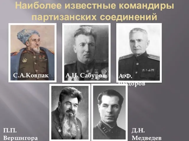 Наиболее известные командиры партизанских соединений С.А.Ковпак А.Н. Сабуров А.Ф. Фёдоров П.П.Вершигора Д.Н. Медведев