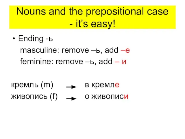 Nouns and the prepositional case - it’s easy! Ending -ь masculine: remove
