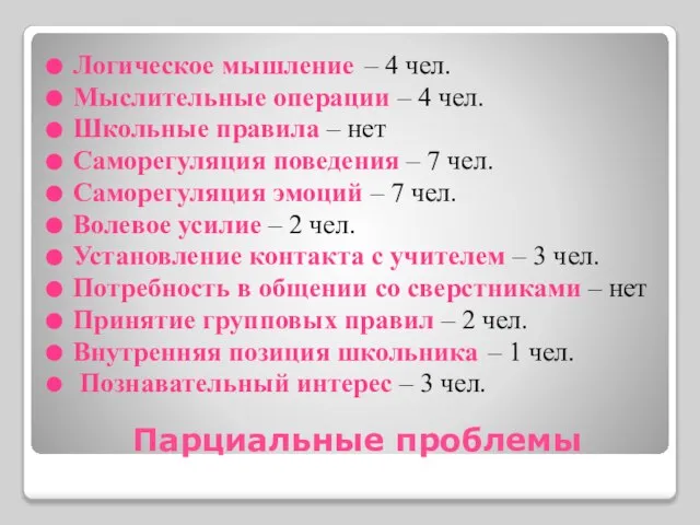 Парциальные проблемы Логическое мышление – 4 чел. Мыслительные операции – 4 чел.