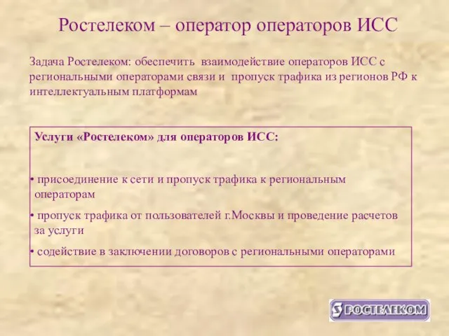 Ростелеком – оператор операторов ИСС Задача Ростелеком: обеспечить взаимодействие операторов ИСС с