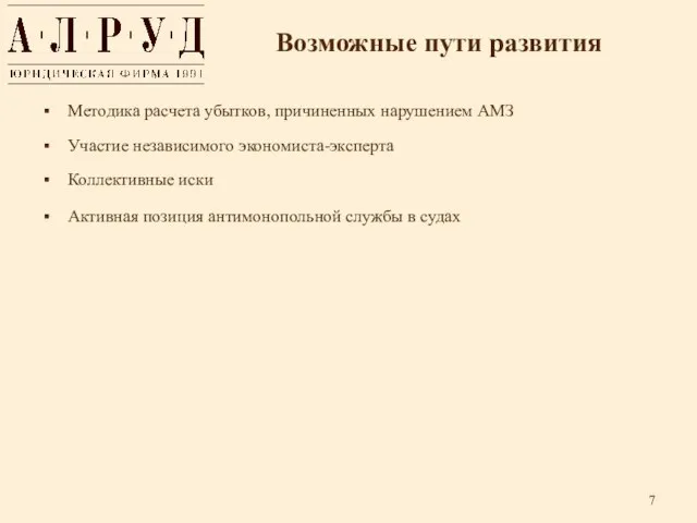 Возможные пути развития Методика расчета убытков, причиненных нарушением АМЗ Участие независимого экономиста-эксперта