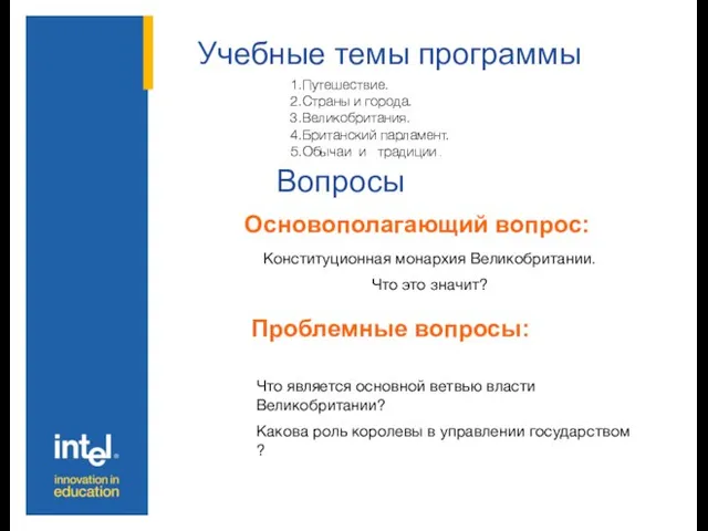 Учебные темы программы Основополагающий вопрос: Вопросы Проблемные вопросы: Конституционная монархия Великобритании. Что