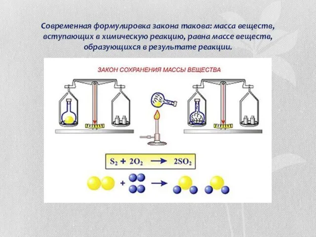 Современная формулировка закона такова: масса веществ, вступающих в химическую реакцию, равна массе