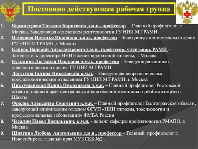 Постоянно действующая рабочая группа Бурмистрова Татьяна Борисовна д.м.н., профессор – Главный профпатолог