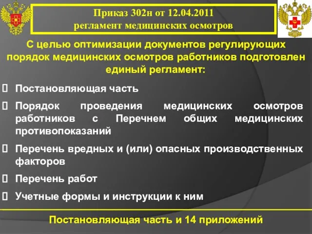 Приказ 302н от 12.04.2011 регламент медицинских осмотров Постановляющая часть Порядок проведения медицинских