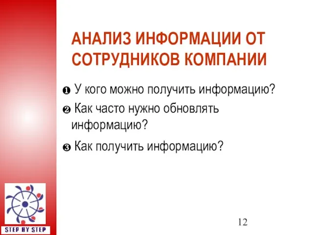 АНАЛИЗ ИНФОРМАЦИИ ОТ СОТРУДНИКОВ КОМПАНИИ У кого можно получить информацию? Как часто