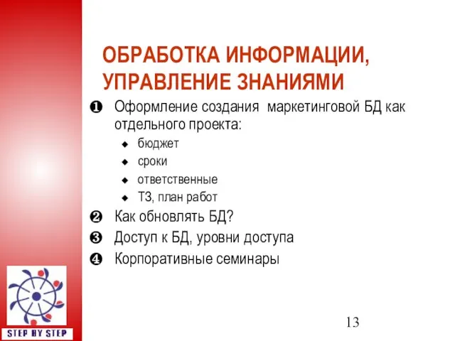 ОБРАБОТКА ИНФОРМАЦИИ, УПРАВЛЕНИЕ ЗНАНИЯМИ Оформление создания маркетинговой БД как отдельного проекта: бюджет