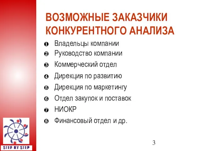 ВОЗМОЖНЫЕ ЗАКАЗЧИКИ КОНКУРЕНТНОГО АНАЛИЗА Владельцы компании Руководство компании Коммерческий отдел Дирекция по